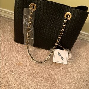 Black Woven Tote with Gold Chain Handles